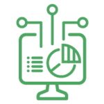 Illustration of a computer with data and pie charts.